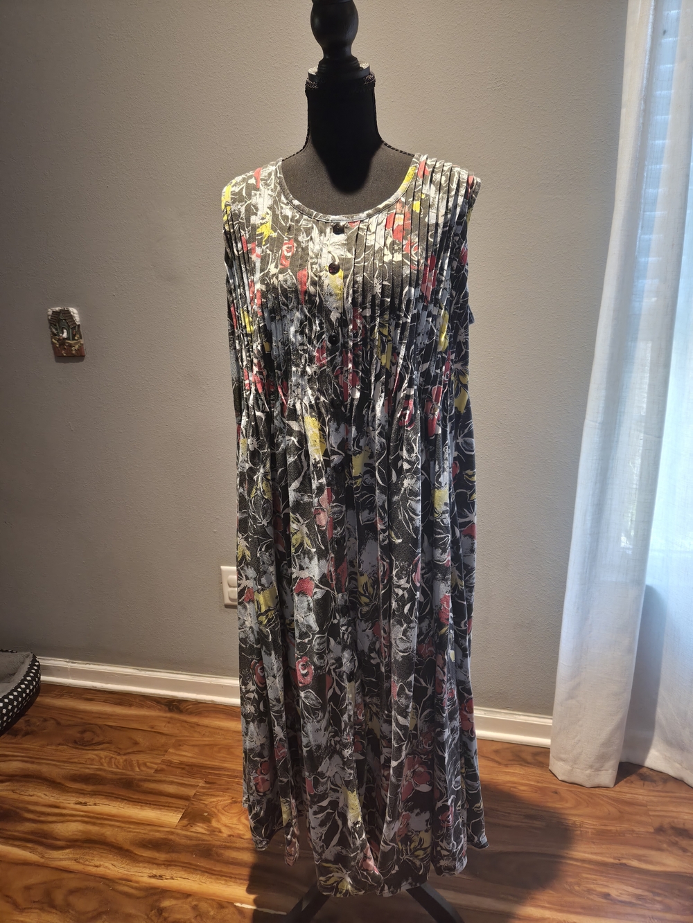 Woman Within Black Floral Pleated Maxi Dress with Pink & Yellow Accents